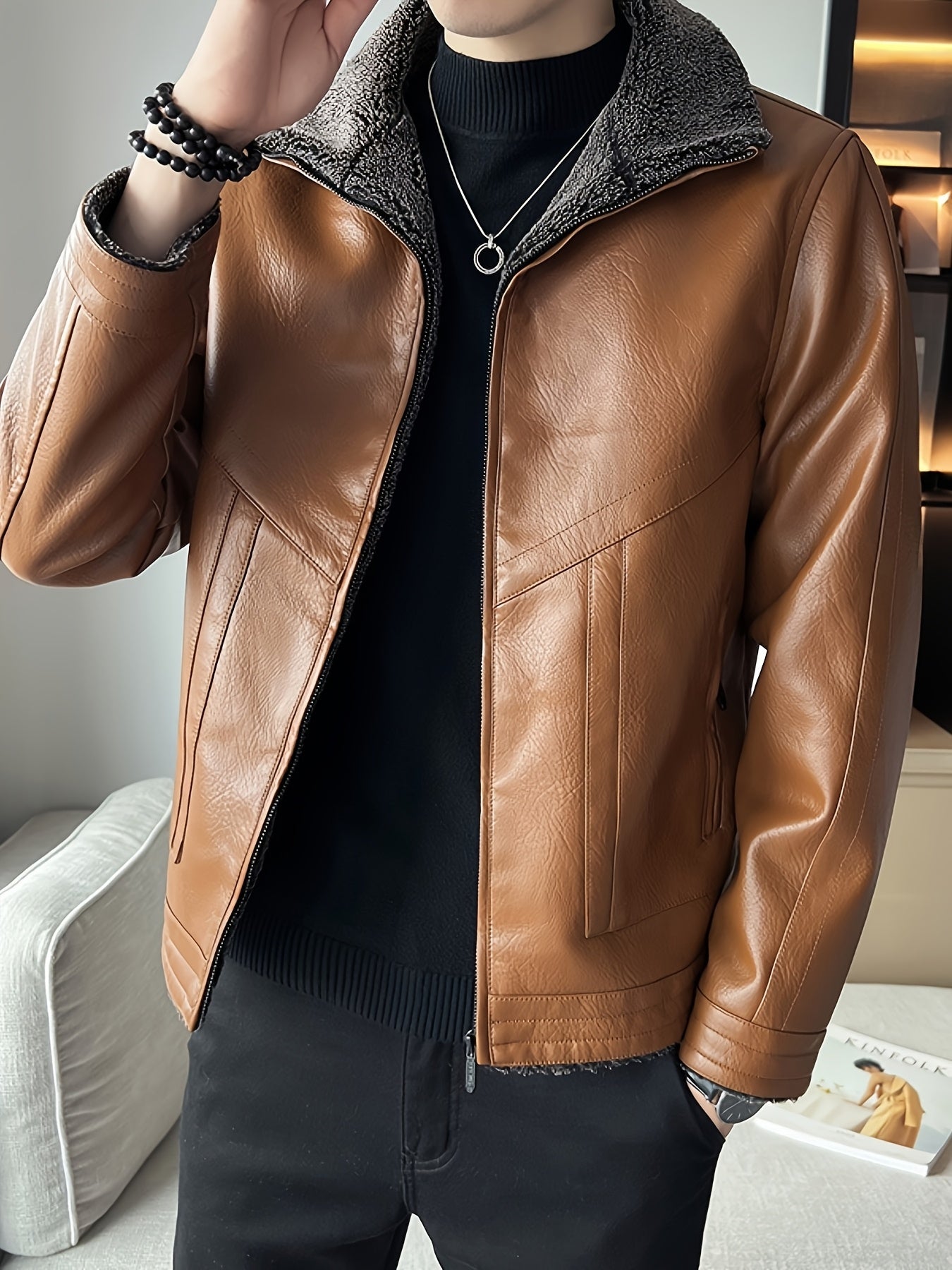 Men's Winter Thickened Bomber Jacket - Windproof Lapel PU
