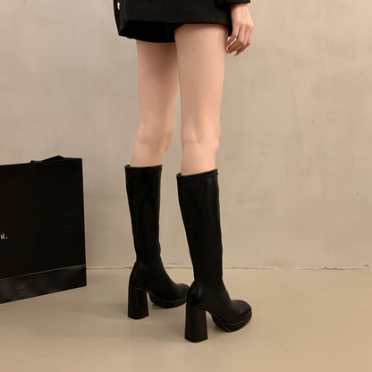 Women's Fashionable Knee-High Boots - Square Toe Block Heel