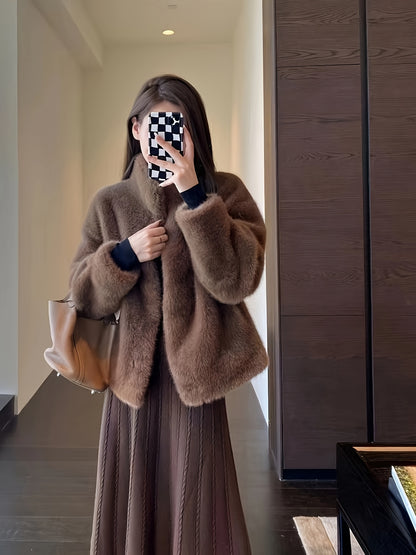 Faux Fur Open Front Fuzzy Coat, Elegant Long Sleeve Warm Outerwear For Fall & Winter, Women's Clothing