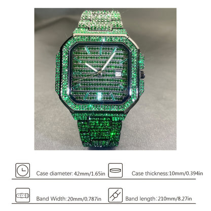 MISS FOX Square Rhinestone Quartz Watch - Green Dial Unisex IP65