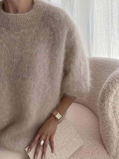 Women's Alpaca Sweater - Elegant Round Neck Winter Coat, Soft Warm Pure Color Blouses | High Elasticity for a Flattering Fit | Solid Color Sweaters for Dresses, Skirts & Pants Toppings | Hand Wash/Dry Clean (Autumn/Winter War