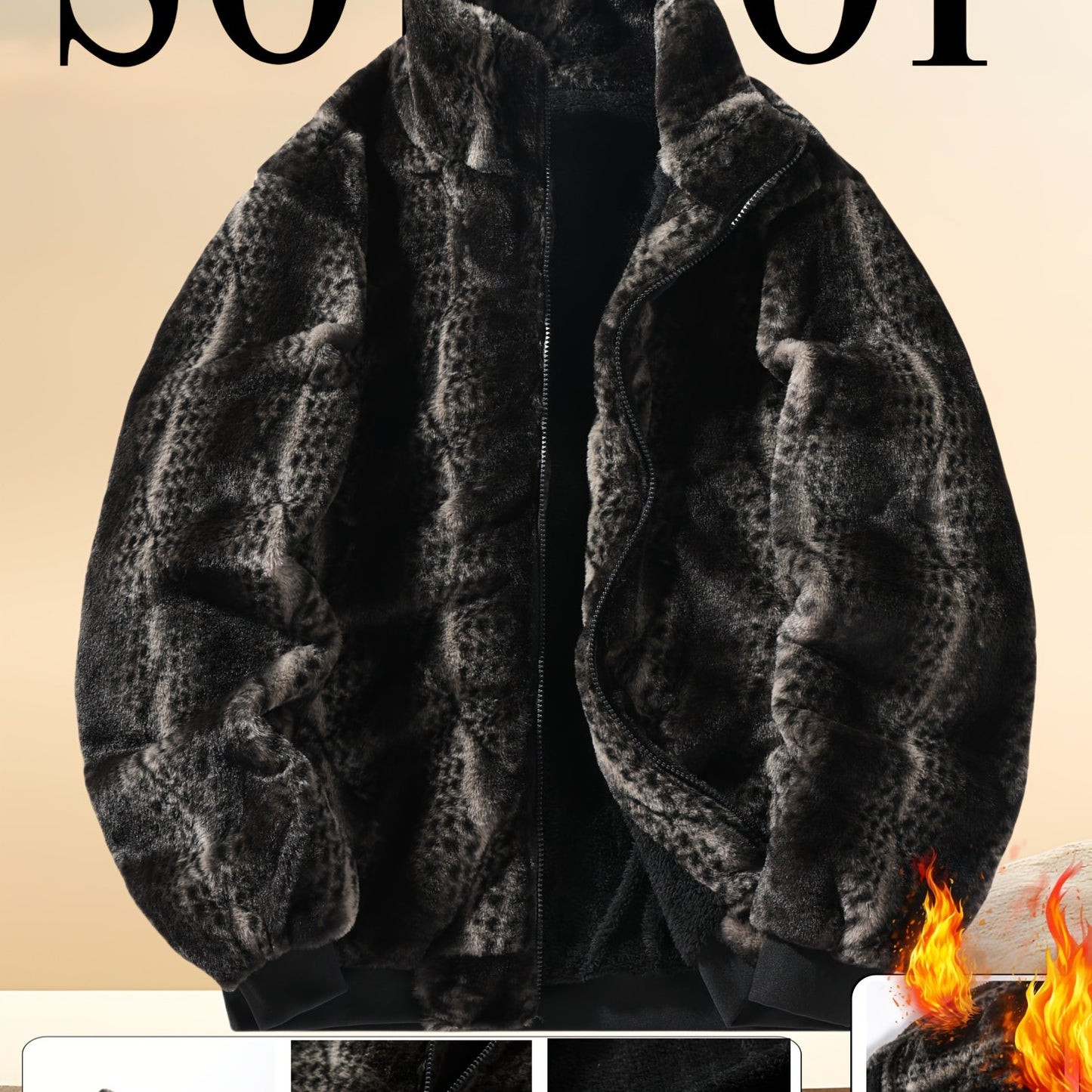 Men's Vintage Plush Jacket - Geometric Pattern with Faux Fur