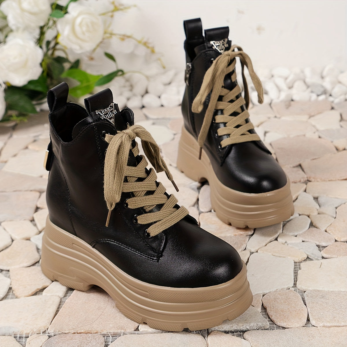 Women's Chunky Platform Ankle Boots - Fleece-Lined Black British