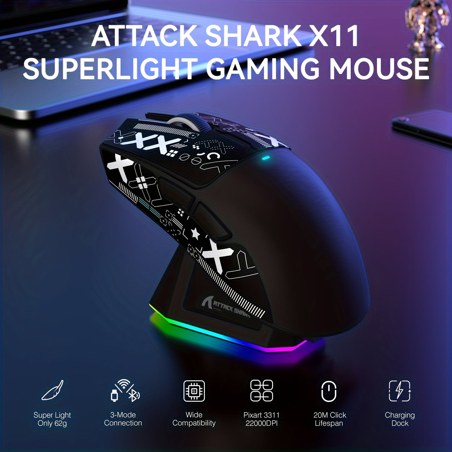 ATTACK SHARK X11 Gaming Mouse - Magnetic Charging Dock Multi-Platform