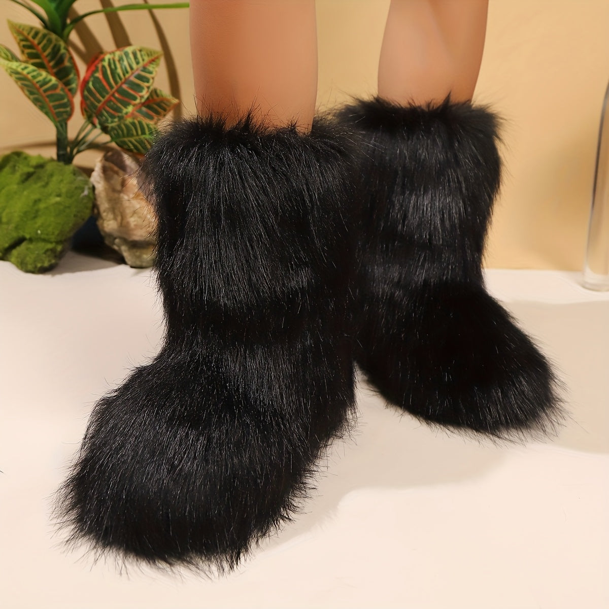 Women's Slip-On Mid-Calf Boots - Plush Faux Fur Lining Winter