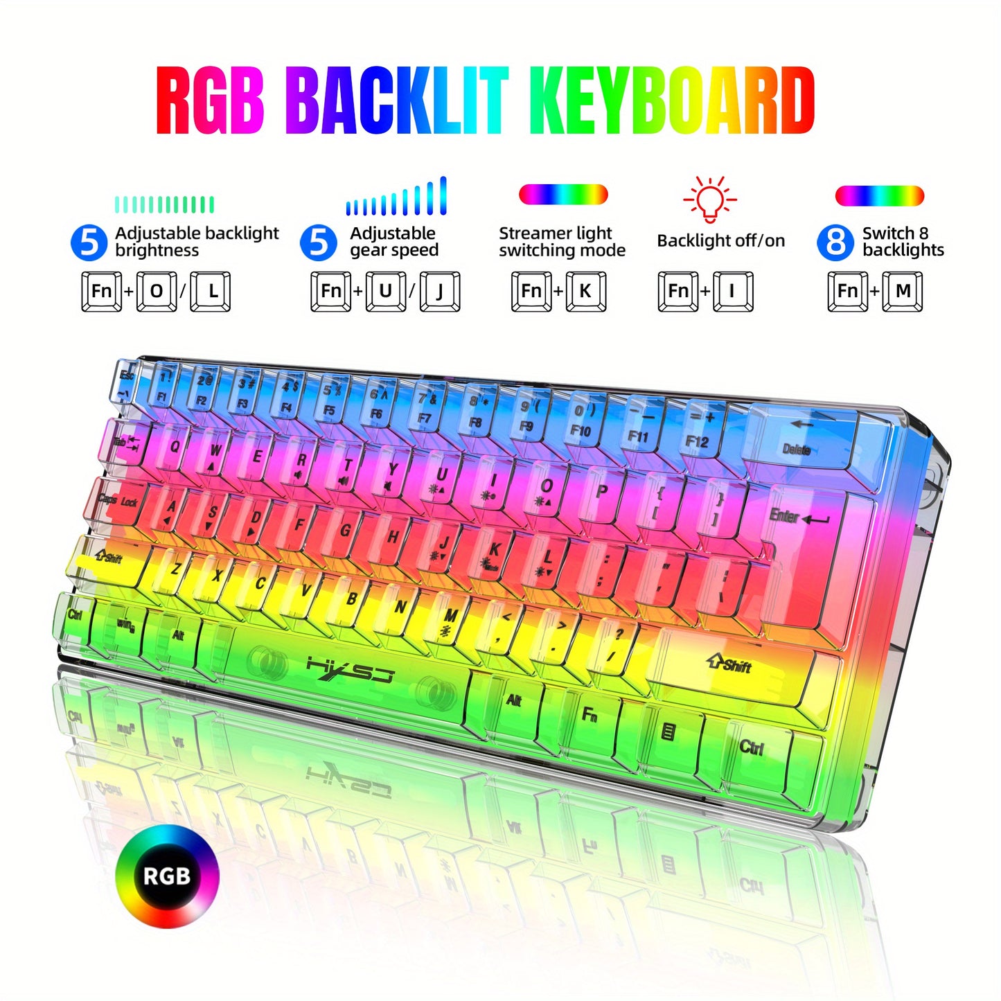 HXSJ 61-Key Gaming Keyboard - Full Transparent RGB Backlit USB-C