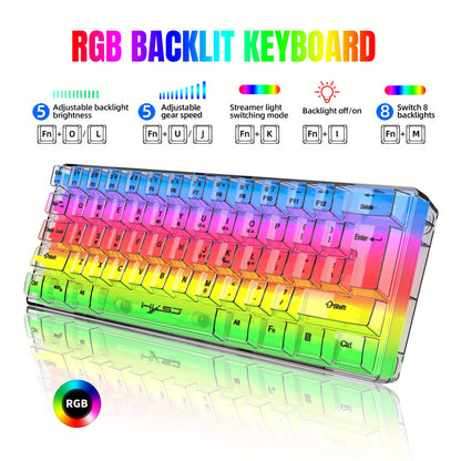 HXSJ 61-Key Gaming Keyboard - Full Transparent RGB Backlit USB-C