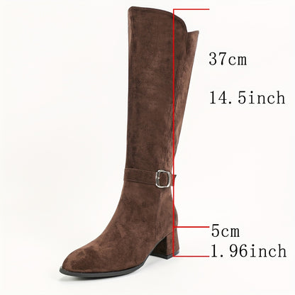 Women's Chunky Heeled Velvet Knee Boots - Side Zipper Knight