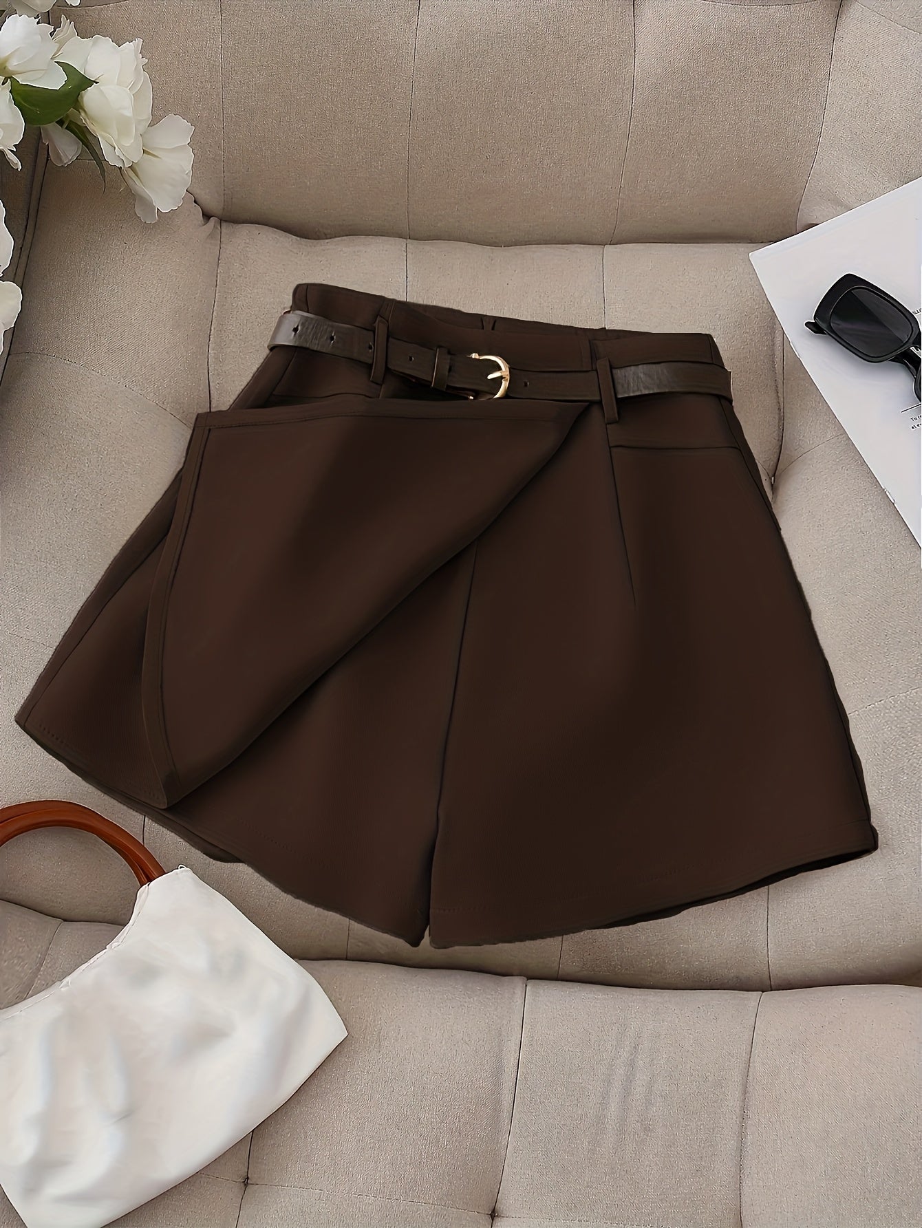 Women's Fashion Solid Color Shorts - Faux Pocket with Belt