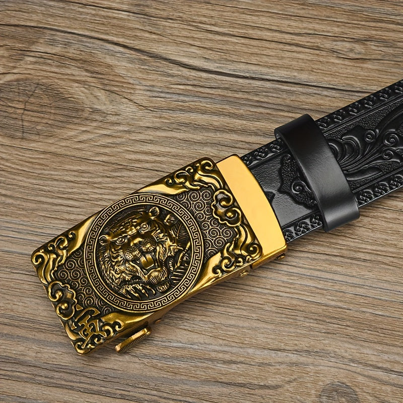 Vintage Genuine Leather Belt - Tiger Head Automatic Buckle
