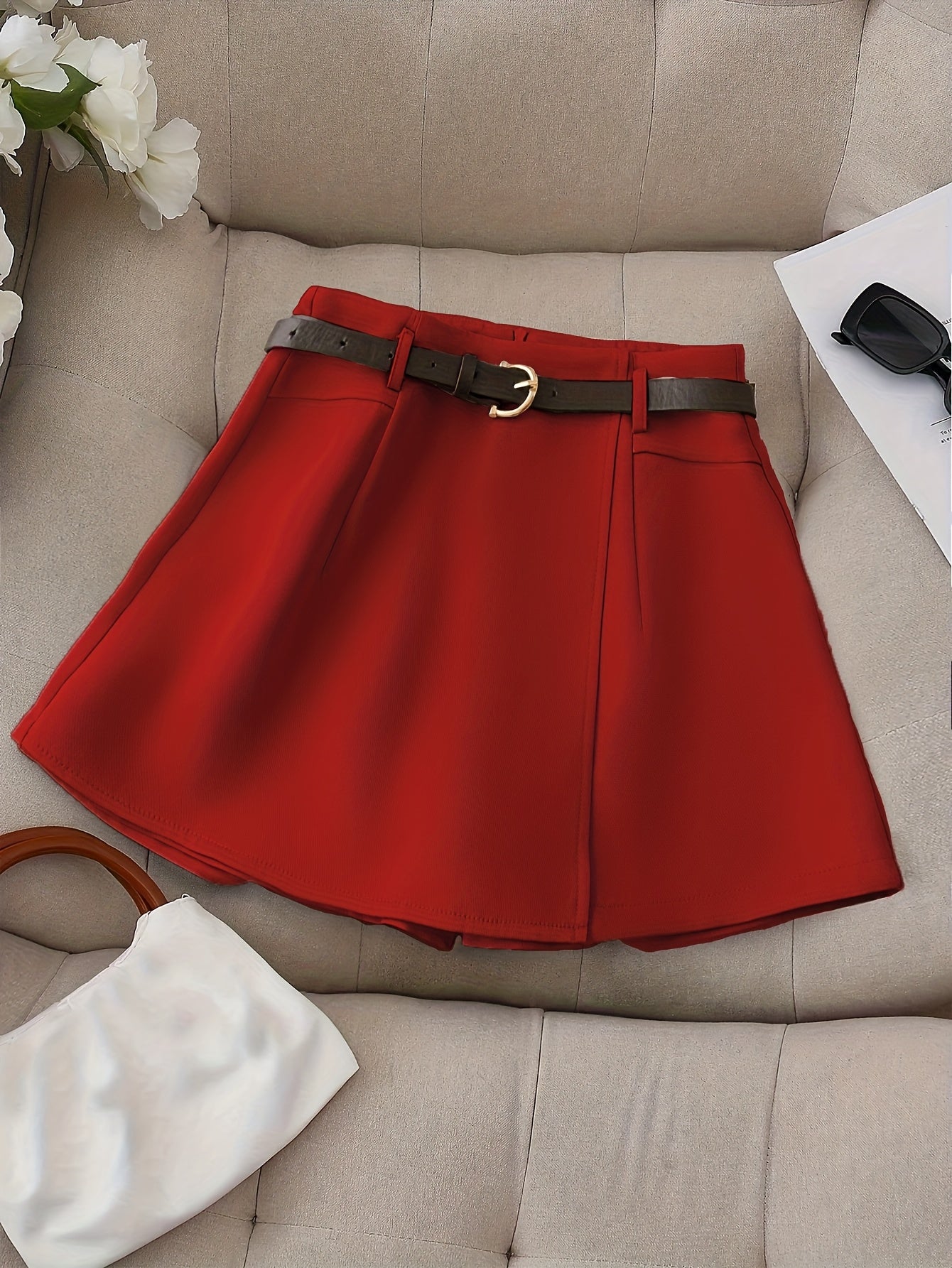 Women's Fashion Solid Color Shorts - Faux Pocket with Belt