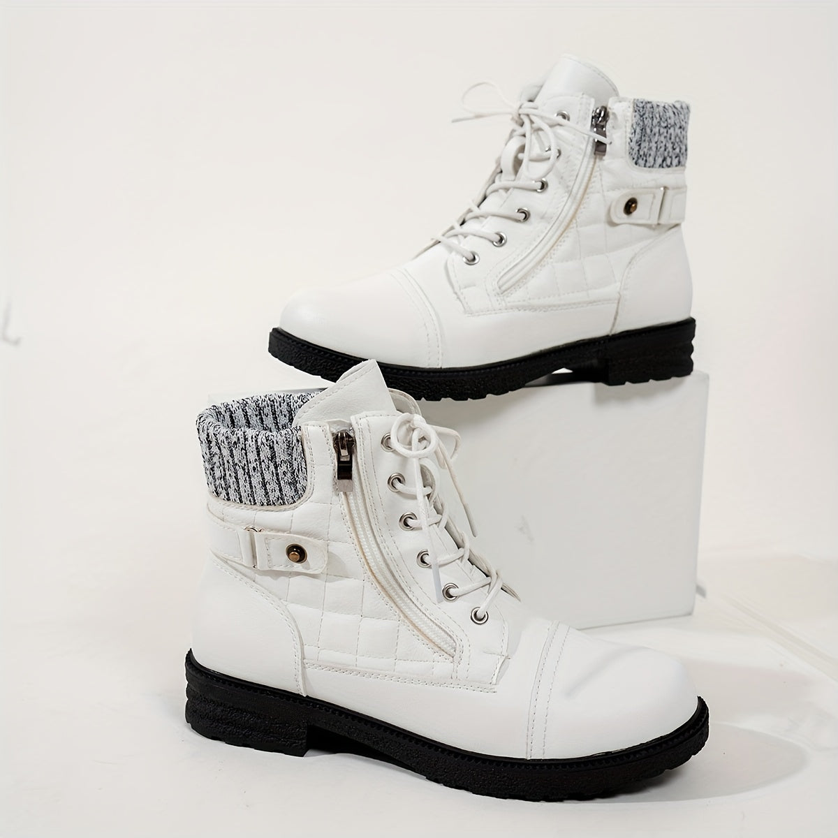 Women's Boots - Chunky Heel Lace-Up Side Zipper