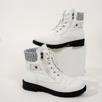 Women's Boots - Chunky Heel Lace-Up Side Zipper