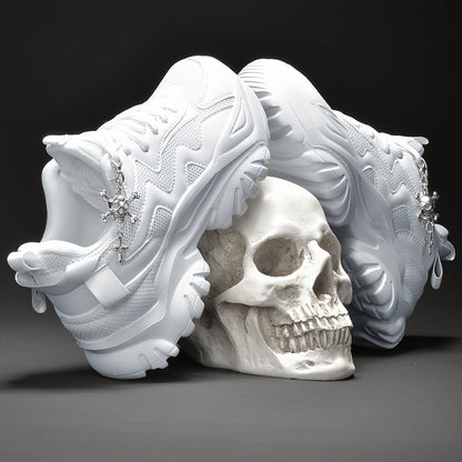Women's 7cm Height-Increasing Fashion Casual Sneakers with Halloween Elements 3D Cross Skull Metal Shiny Pendant Chain Accessory, Dark Style Women's Outdoor All Seasons EVA Thick Platform High Waterline Lightweight Soft Botto