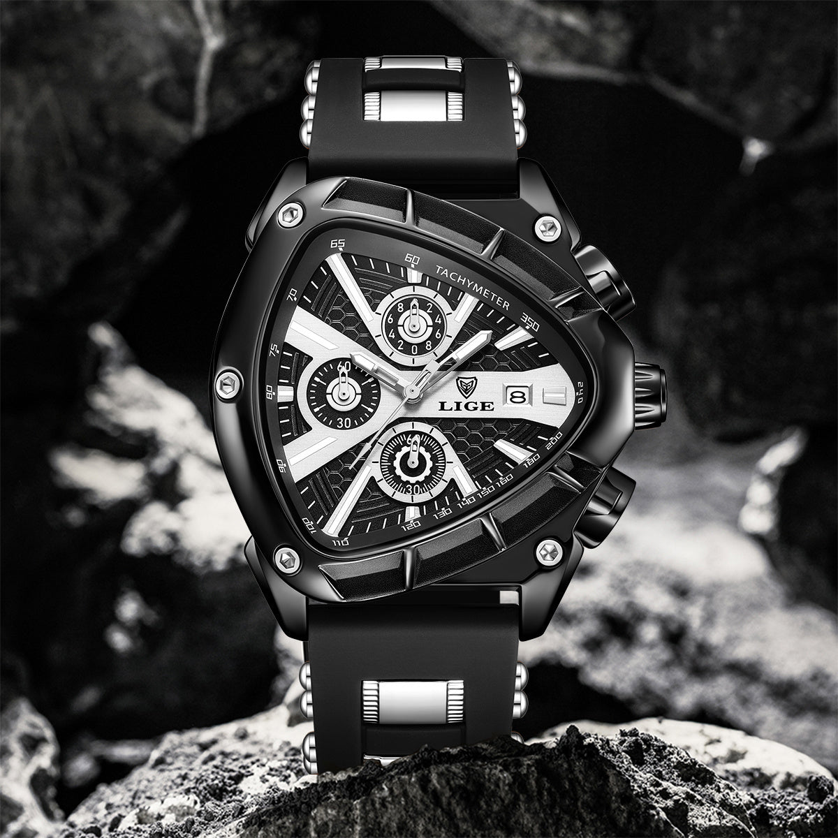 LIGE Men's Quartz Watch - Minimalist Triangle Dial World Time