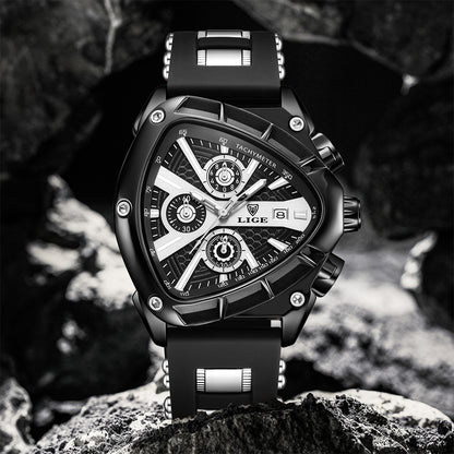 LIGE Men's Quartz Watch - Minimalist Triangle Dial World Time