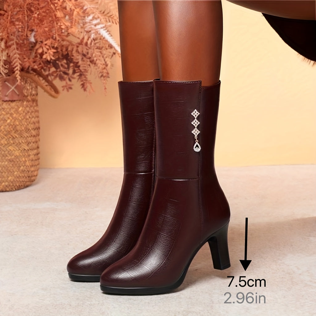 Women's Fleece-Lined Mid-Calf Boots - Rhinestone