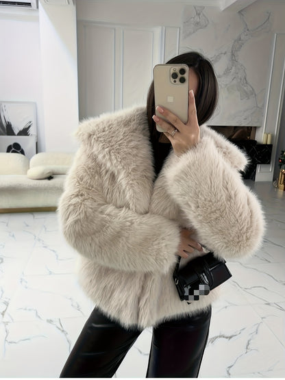 Women's Elegant V-Neck Faux Fur Coat - Solid Color Winter