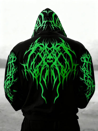 Men's Gothic Skull Print Zip Hoodie - Loose Fit with Pockets