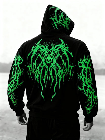 Men's Gothic Skull Print Zip Hoodie - Loose Fit with Pockets
