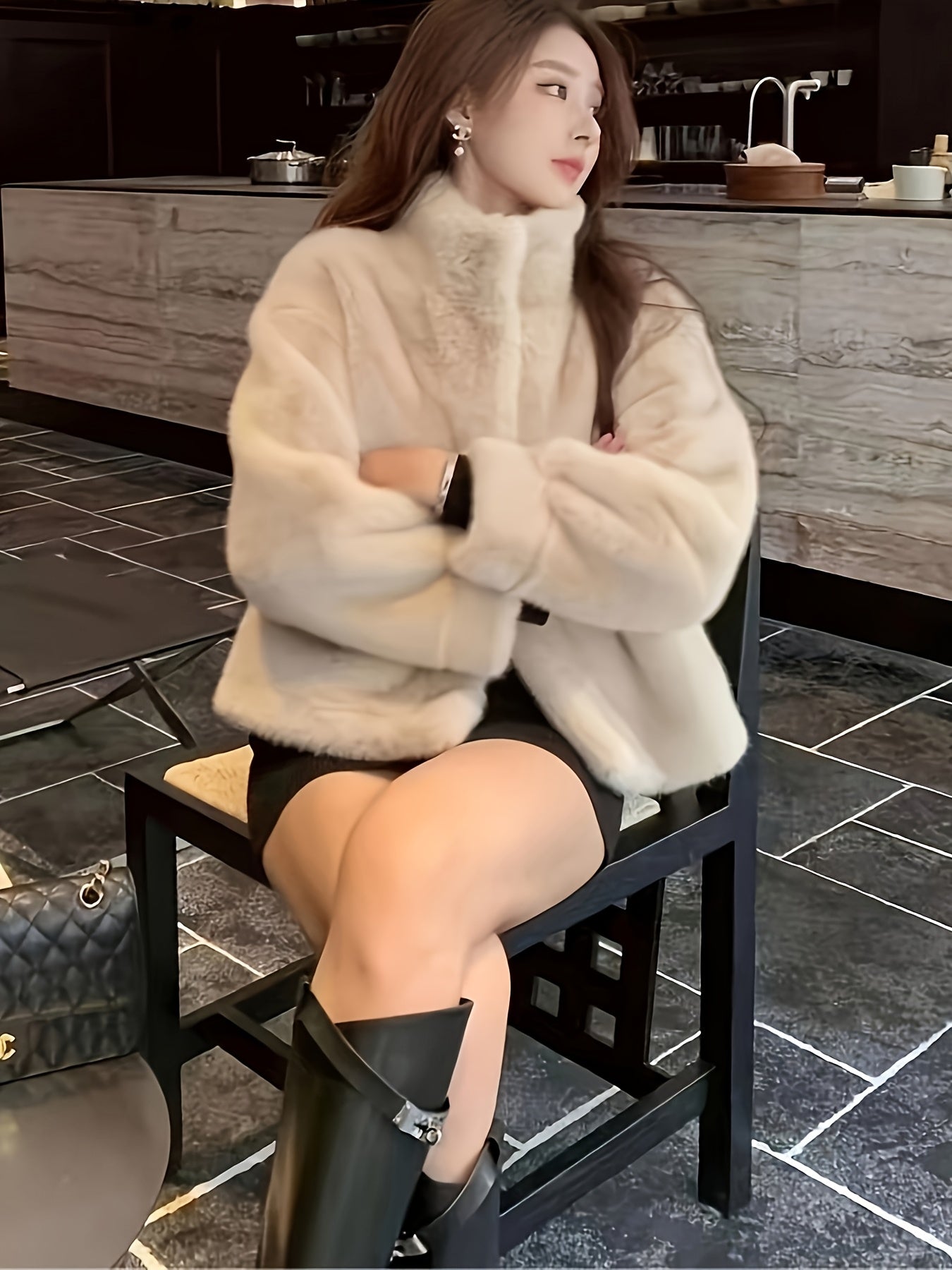 Faux Fur Open Front Fuzzy Coat, Elegant Long Sleeve Warm Outerwear For Fall & Winter, Women's Clothing