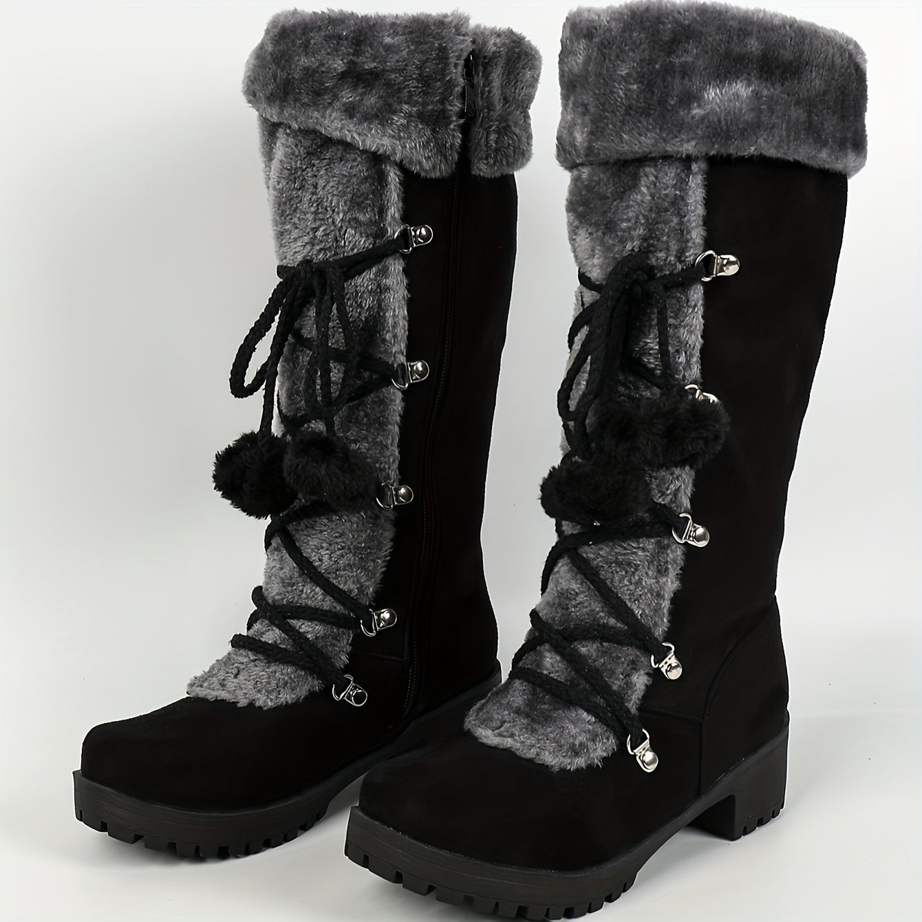 Women's Elegant Winter Faux Fur-Lined Boots - Pom-Pom