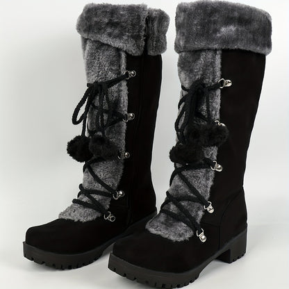 Women's Elegant Winter Faux Fur-Lined Boots - Pom-Pom