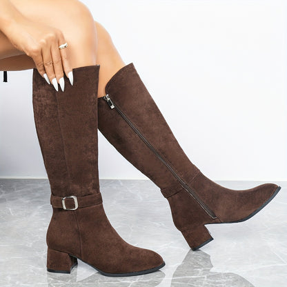 Women's Chunky Heeled Velvet Knee Boots - Side Zipper Knight
