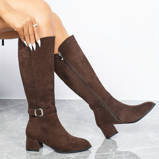 Women's Chunky Heeled Velvet Knee Boots - Side Zipper Knight