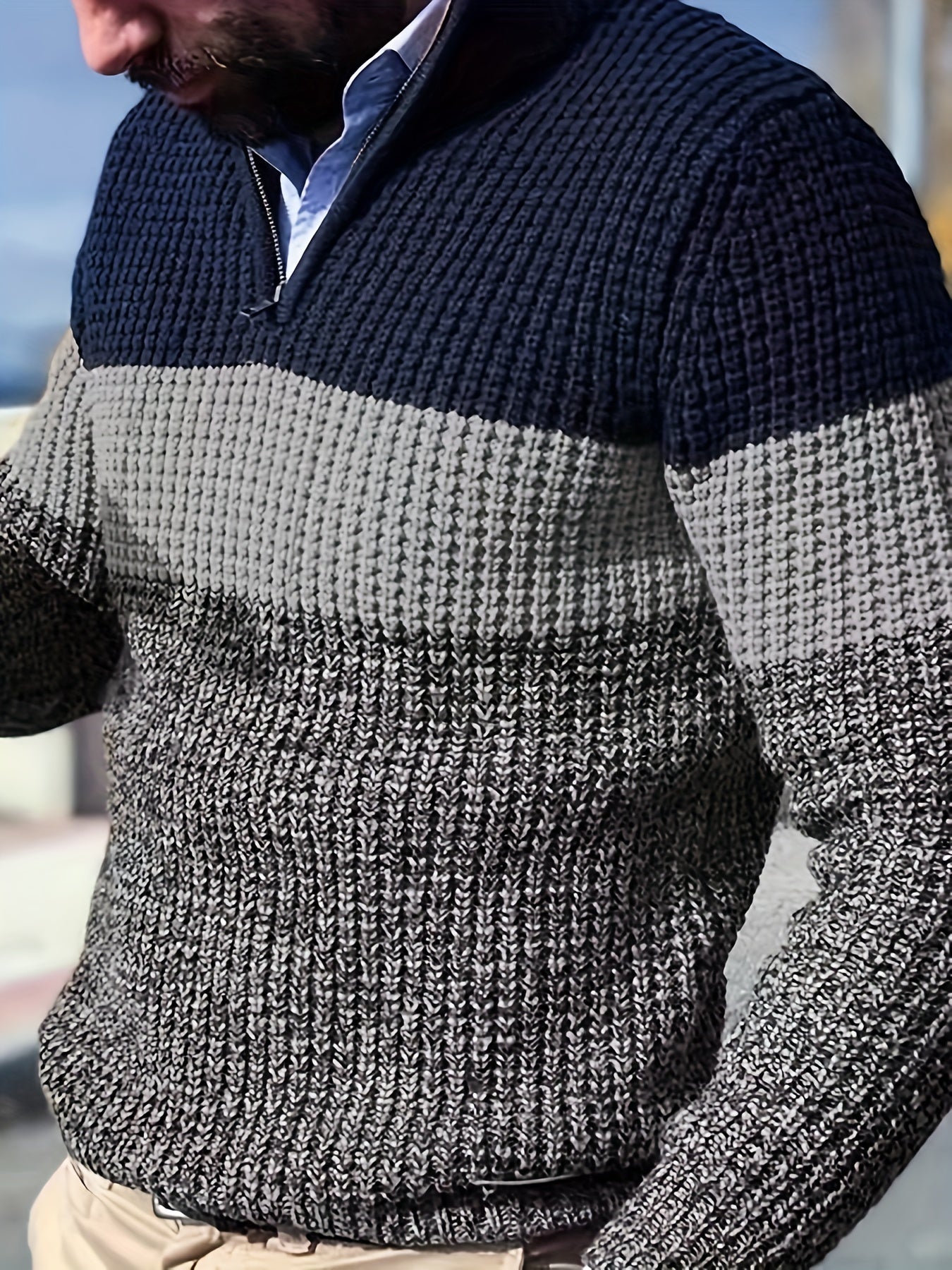 Men's Half-Zip Striped Sweater - Stand Collar Color Block