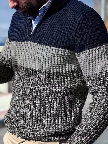 Men's Half-Zip Striped Sweater - Stand Collar Color Block