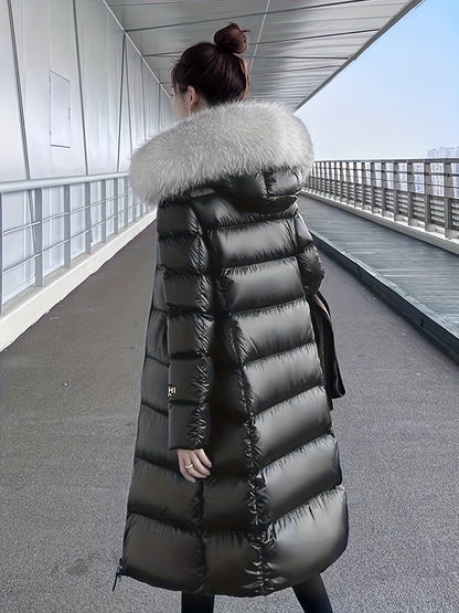 Women's Elegant Longline Coat - Faux Fur Hood