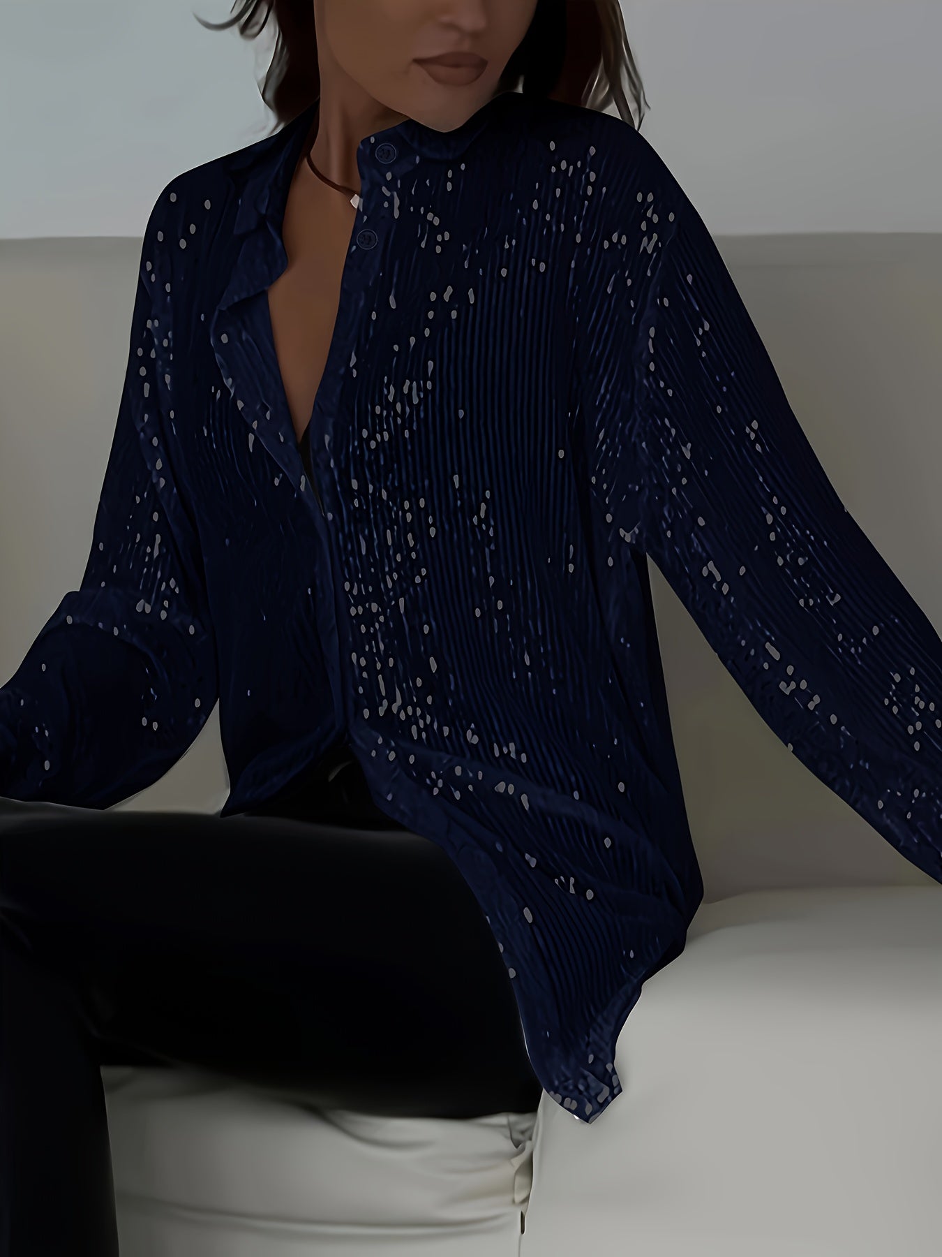 Plus Size Elegant Sequined Long-Sleeve Shirt - Lapel Collar