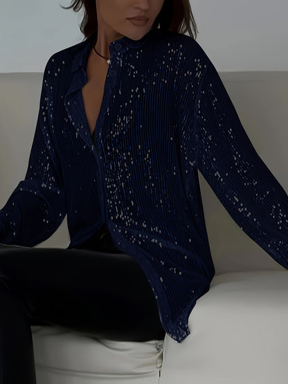 Plus Size Elegant Sequined Long-Sleeve Shirt - Lapel Collar