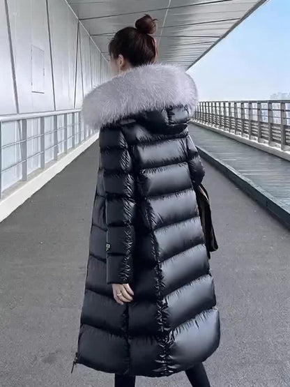 Women's Elegant Longline Coat - Faux Fur Hood