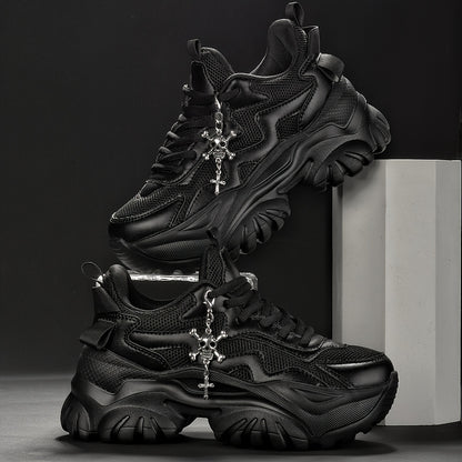Women's 7cm Height-Increasing Fashion Casual Sneakers with Halloween Elements 3D Cross Skull Metal Shiny Pendant Chain Accessory, Dark Style Women's Outdoor All Seasons EVA Thick Platform High Waterline Lightweight Soft Botto