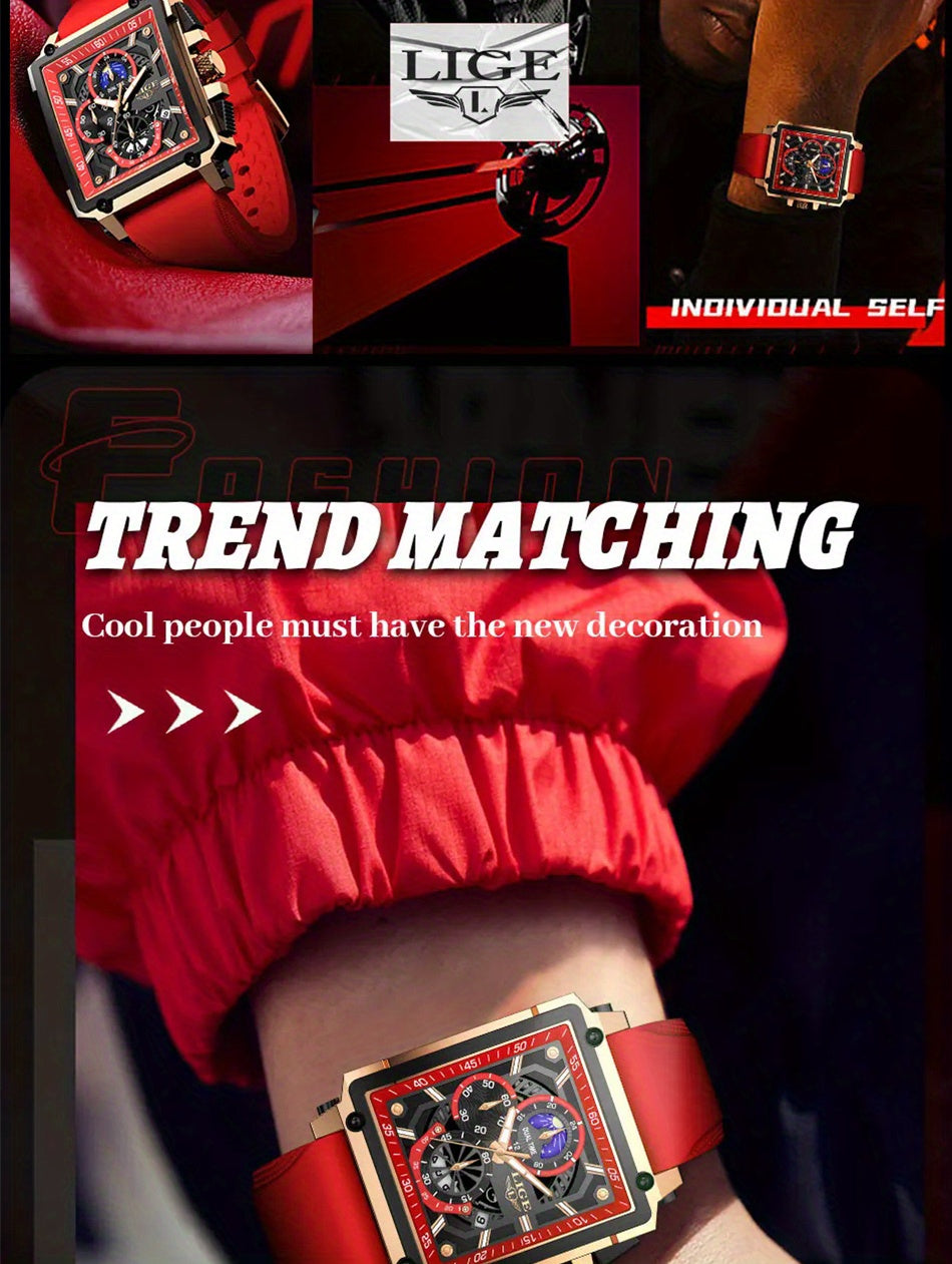 LIGE Vintage Quartz Watch - Hollow Dial Lunar Phase & World Time