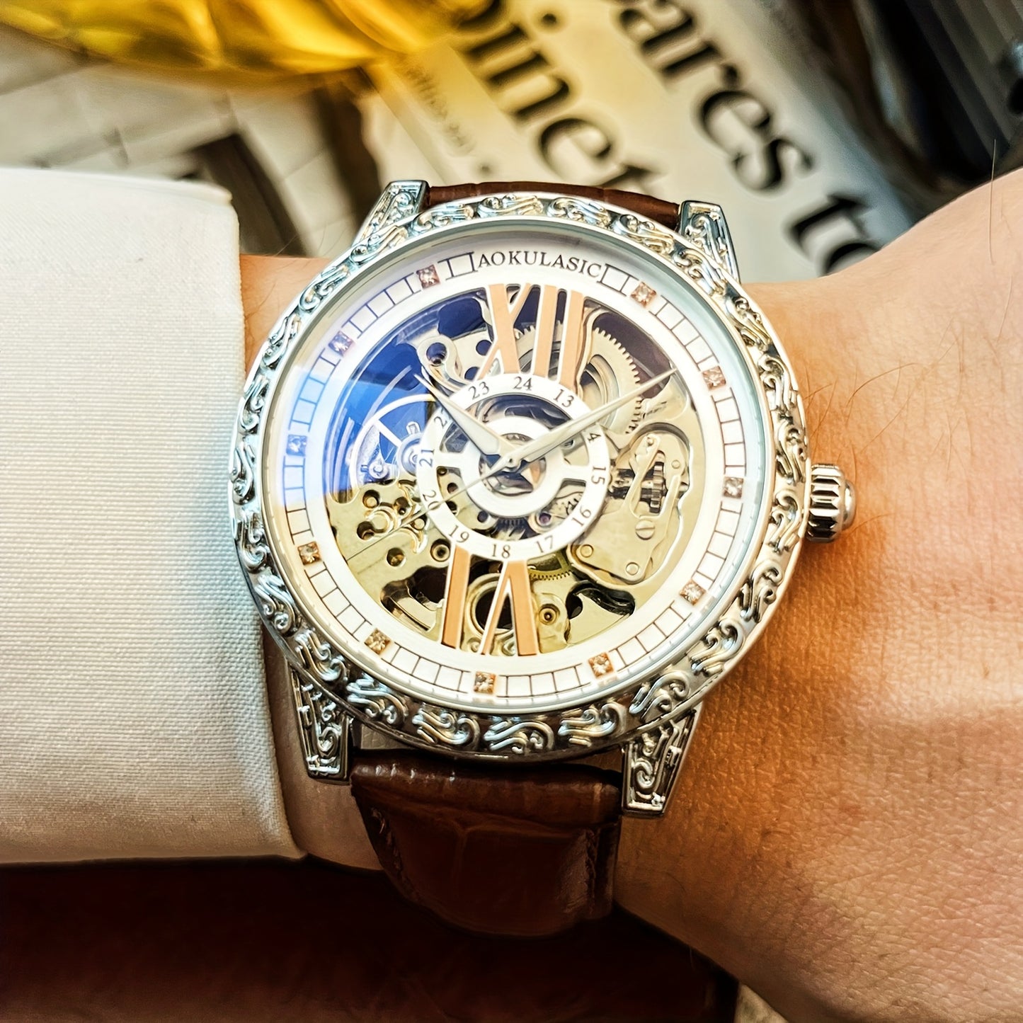 AOKULASIC Men's Luxury Tourbillon Skeleton Automatic Watch