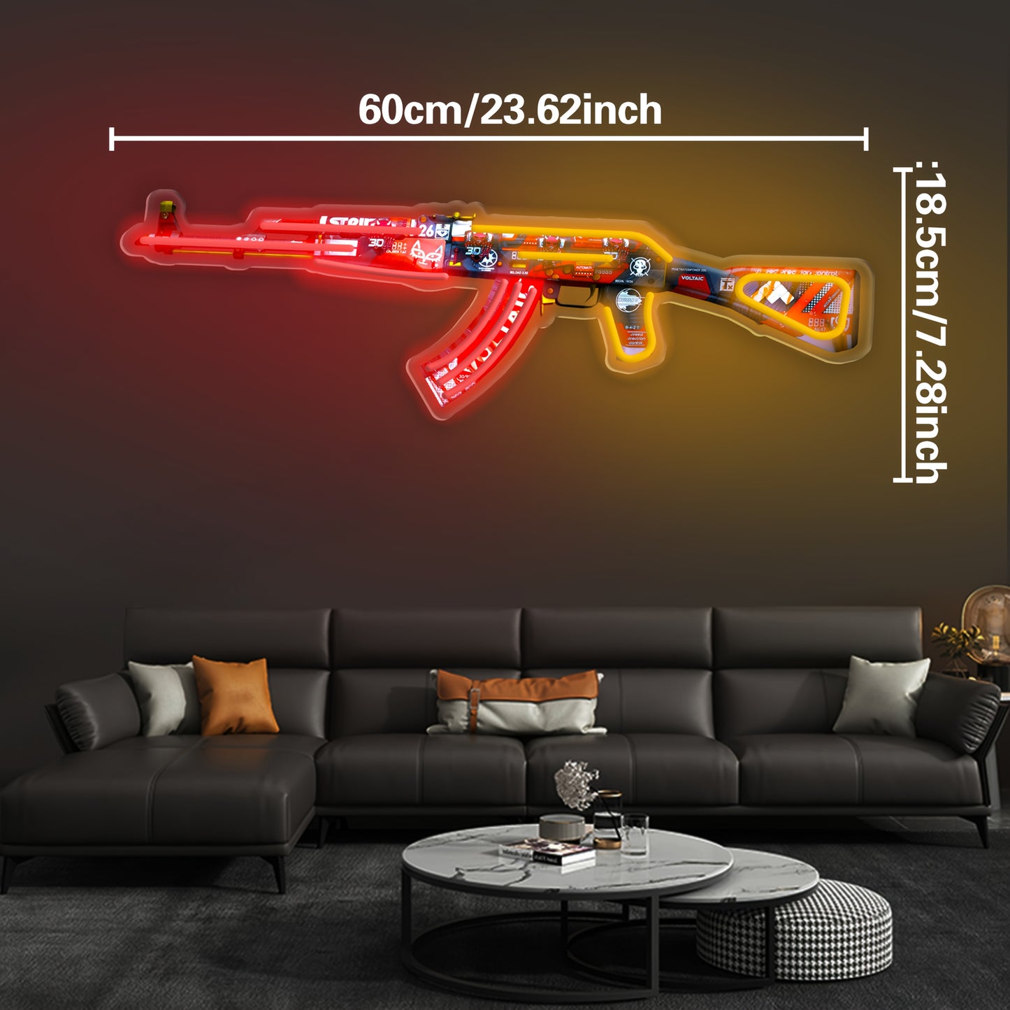 Cool AK47 Shaped Neon Lights | UV Printed, 59.99 cm by 18.49 cm, USB Powered with Ten Levels of Brightness, Suitable for Gaming Rooms and Home Decor, Perfect Gift for Friends