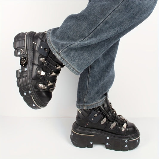 Women's Black Punk Platform Sneakers - High Heel Metal Decor Y2K