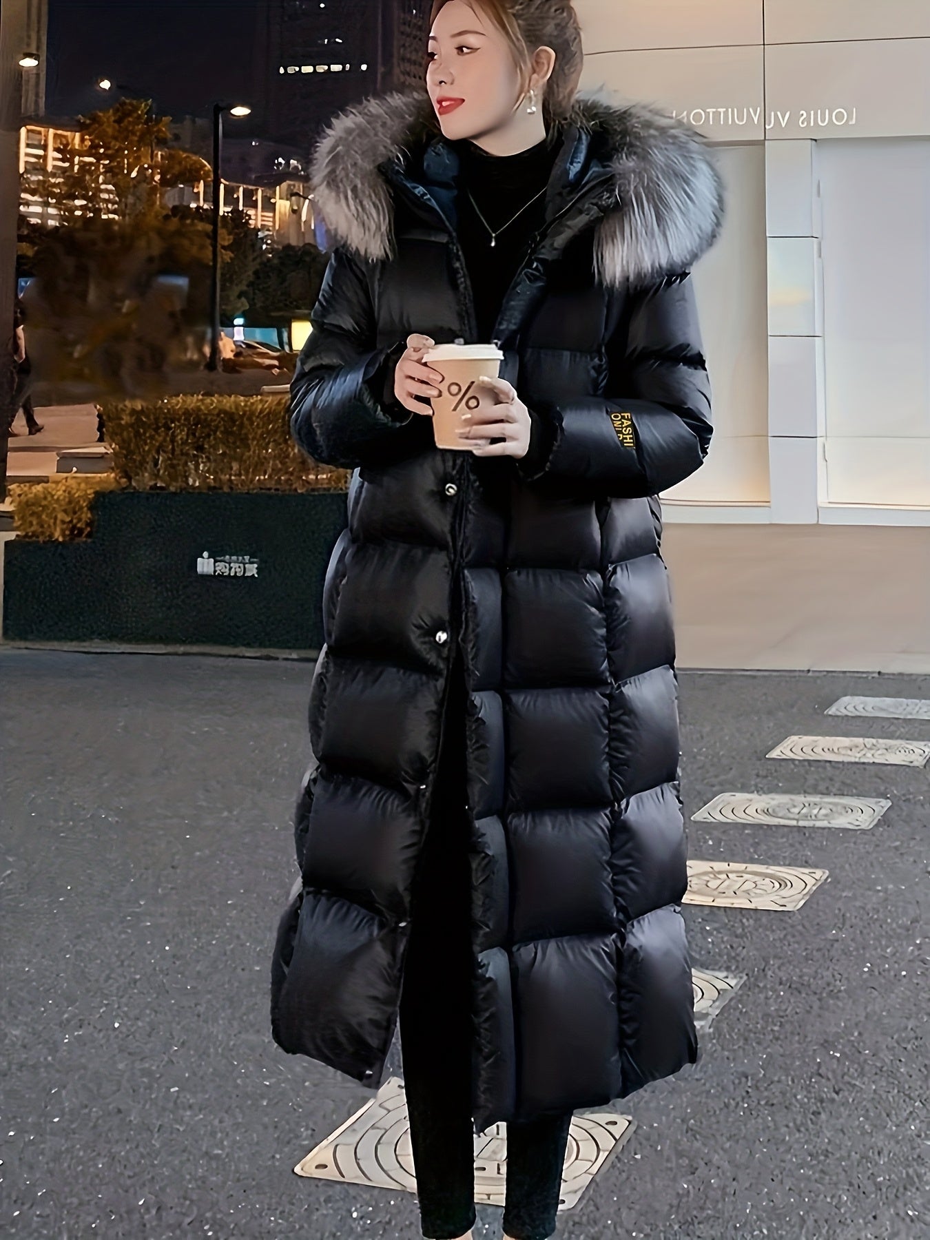 Women's Elegant Longline Coat - Faux Fur Hood