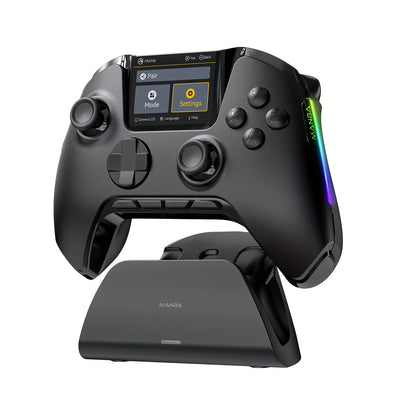 (No Drift) Interactive Screen Wireless Gaming Controller for iOS/for Switch/PC/Android/Steam Deck, Hall Effect Stick & Trigger, RGB Lighting, Remappable Buttons, 1800mAh with Charging Dock-V2 (Black). Notice Not Compatible wi