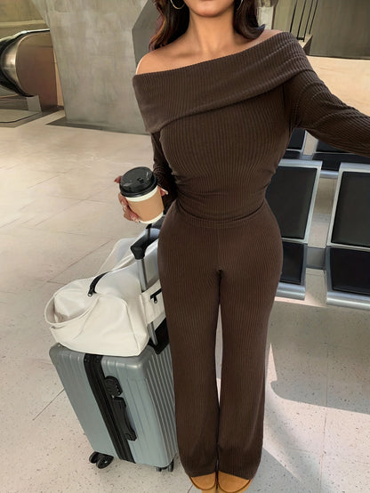 Women's 2pcs Set - Sexy V-Neck Top & Wide-Leg Flare Pants