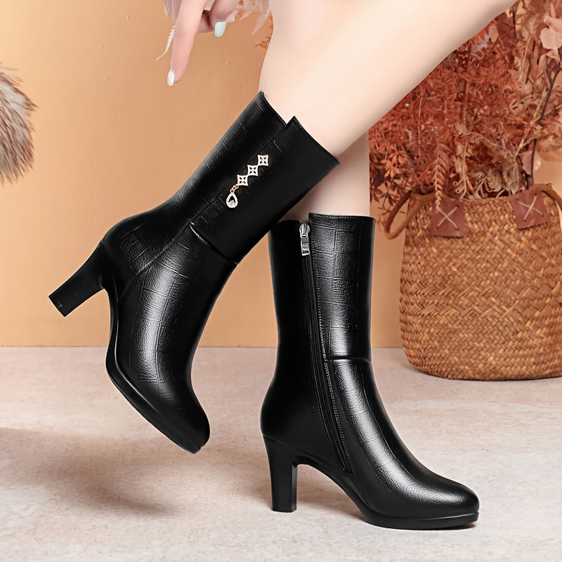 Women's Fleece-Lined Mid-Calf Boots - Rhinestone