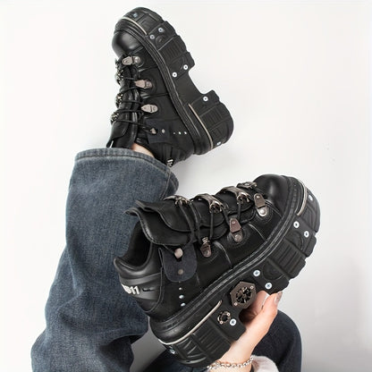 Women's Black Punk Platform Sneakers - High Heel Metal Decor Y2K