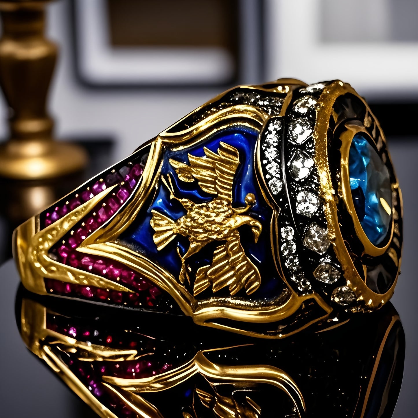 Vintage-Kriegerring, Doppeladler-Design, dunkelblaue Emaille-Elemente, Ring mit synthetischen Edelsteinen, Herrenring im Vintage-Stil, Granat-Imitat