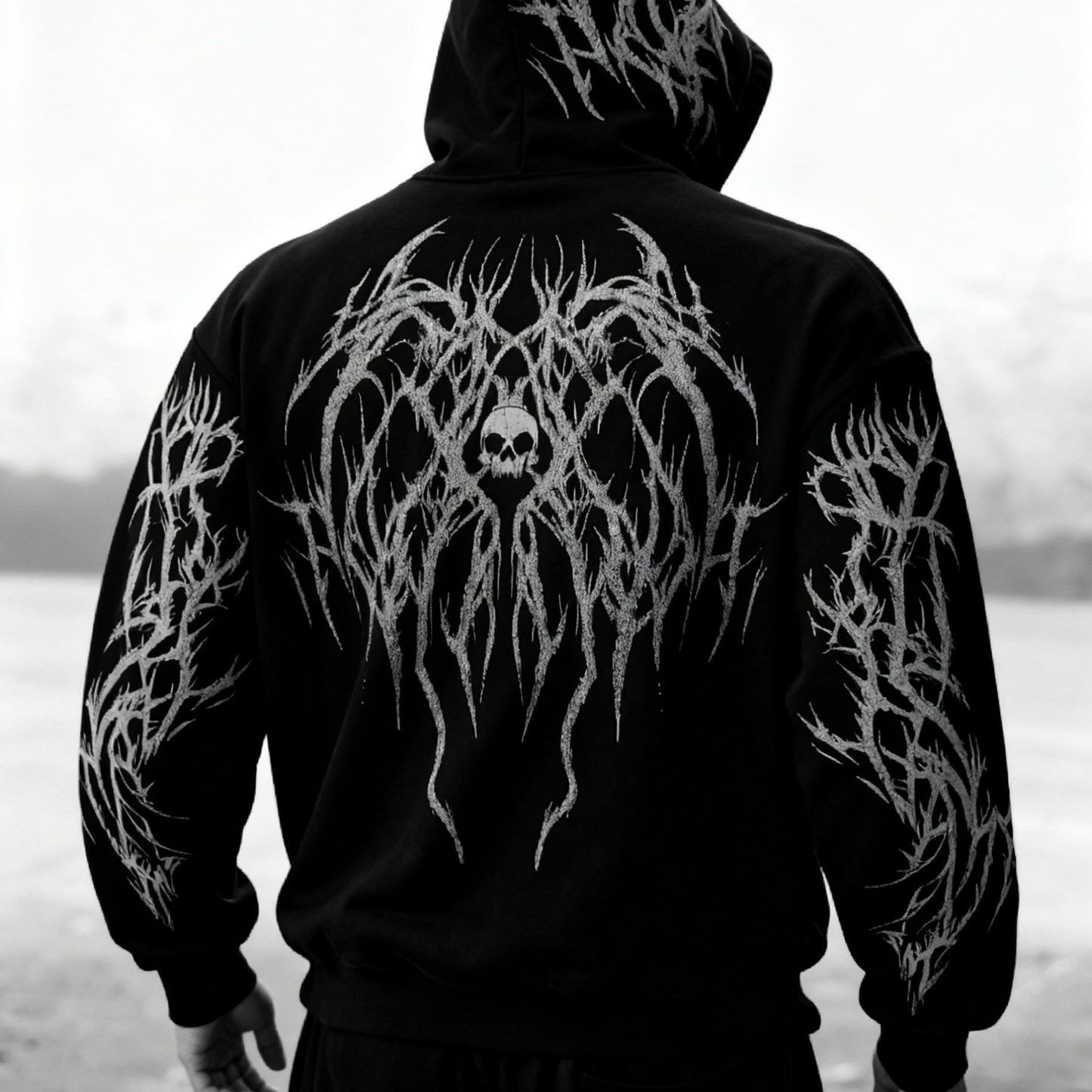 Men's Gothic Skull Print Zip Hoodie - Loose Fit with Pockets