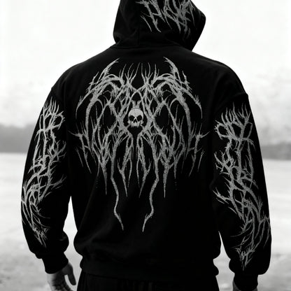 Men's Gothic Skull Print Zip Hoodie - Loose Fit with Pockets