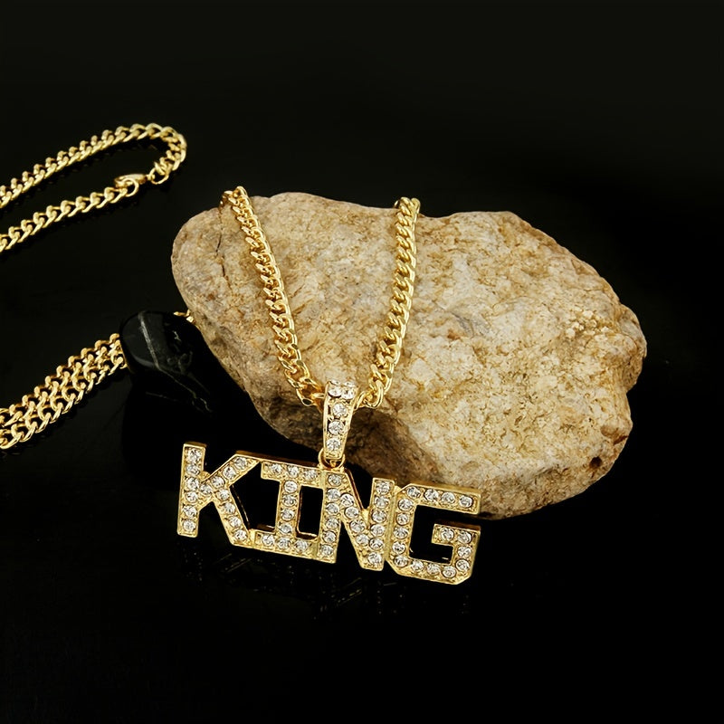 76cm Cuban Chain Iced Out King Pendant Necklace - White Gold Plated