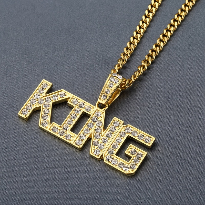 76cm Cuban Chain Iced Out King Pendant Necklace - White Gold Plated